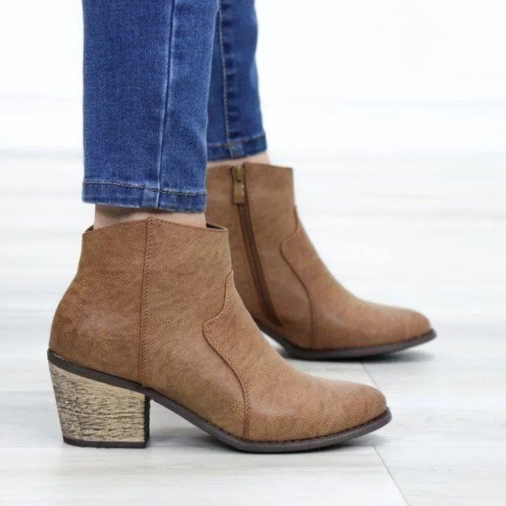 Ankle Boots Cowgirl Block Heel Pointed Toe Low Shaft Brown Faux Leather Zipper - Picture 14 of 15